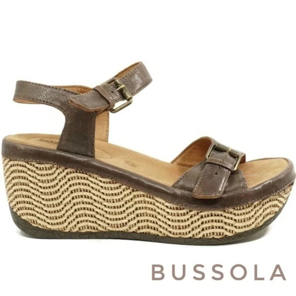 Bussola Trinidad Gobba Taupe Leather Wedge Sandals Size 11 - Picture 1 of 7
